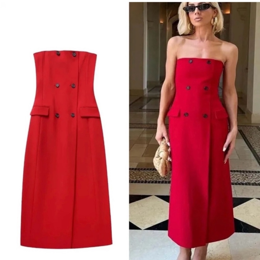 Zara || ZW collection || Red Strapless Pocket Dress || XS